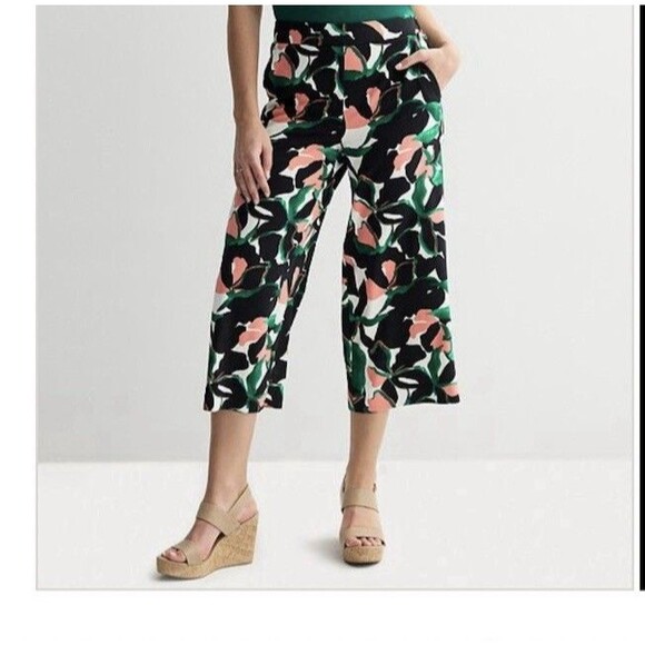 Nine West High Rise Wide Leg Print  Tropical Cropped Pull-on Pants Sz XL New - Picture 1 of 12